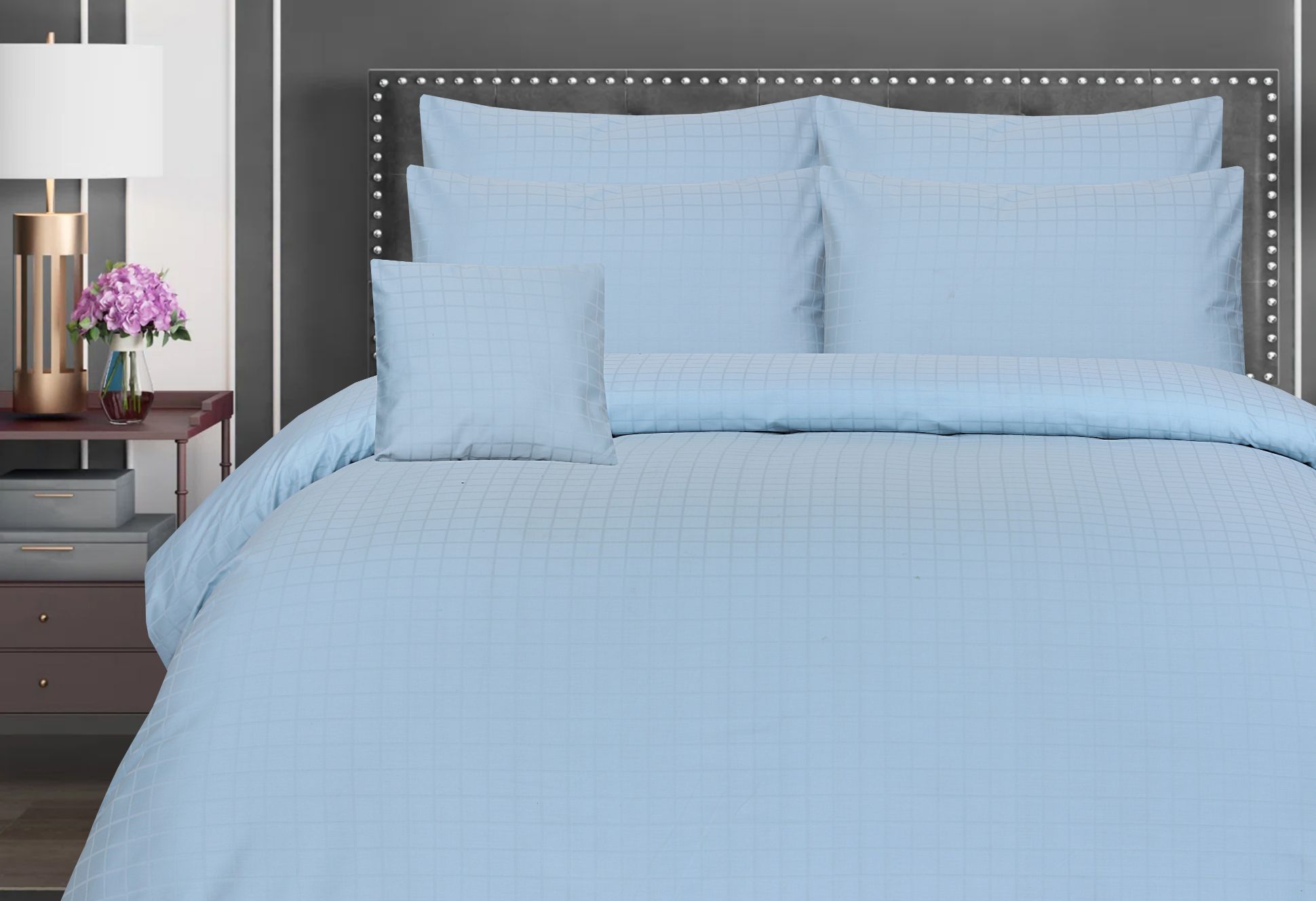 SKY BLUE CHECK BEDSHEET SET - 6 PCS (SATIN)