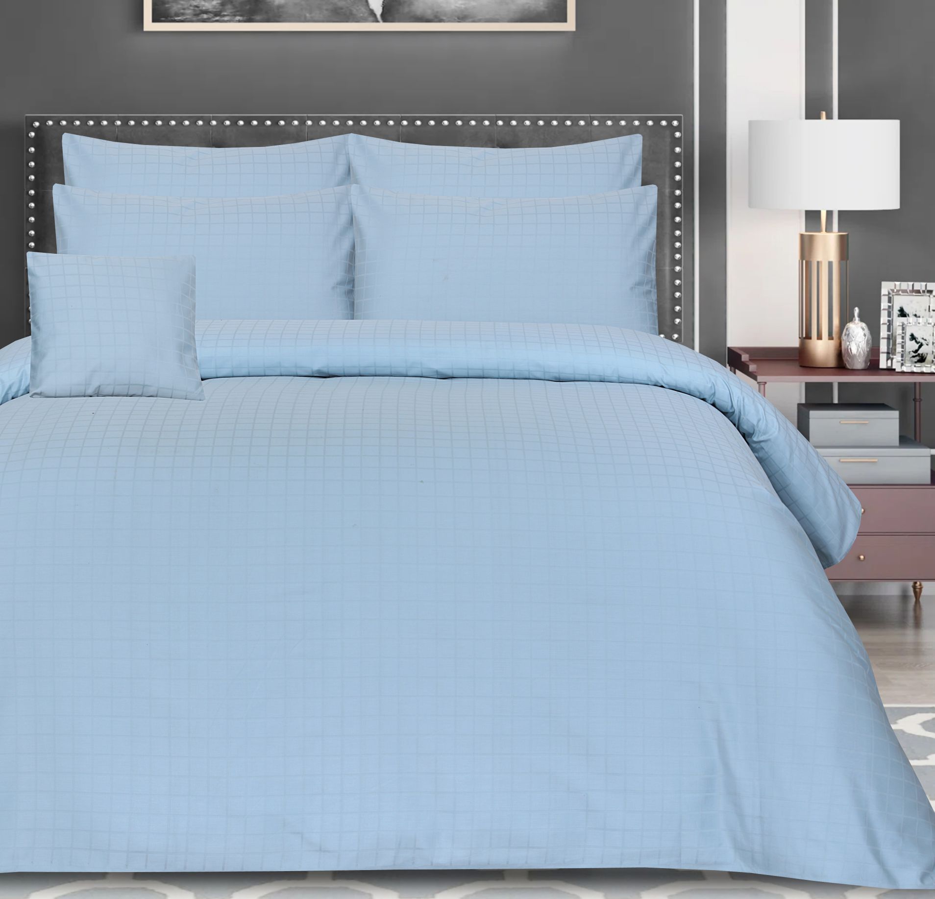 sky blue check bedsheet set - 6 pcs (satin)