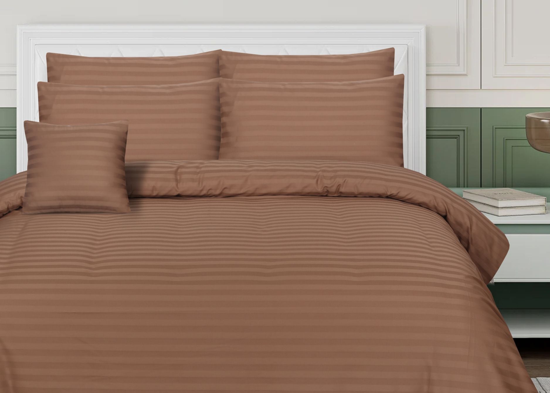 SMALL STRIPES BROWN BEDSHEET SET - 6 PCS (SATIN)