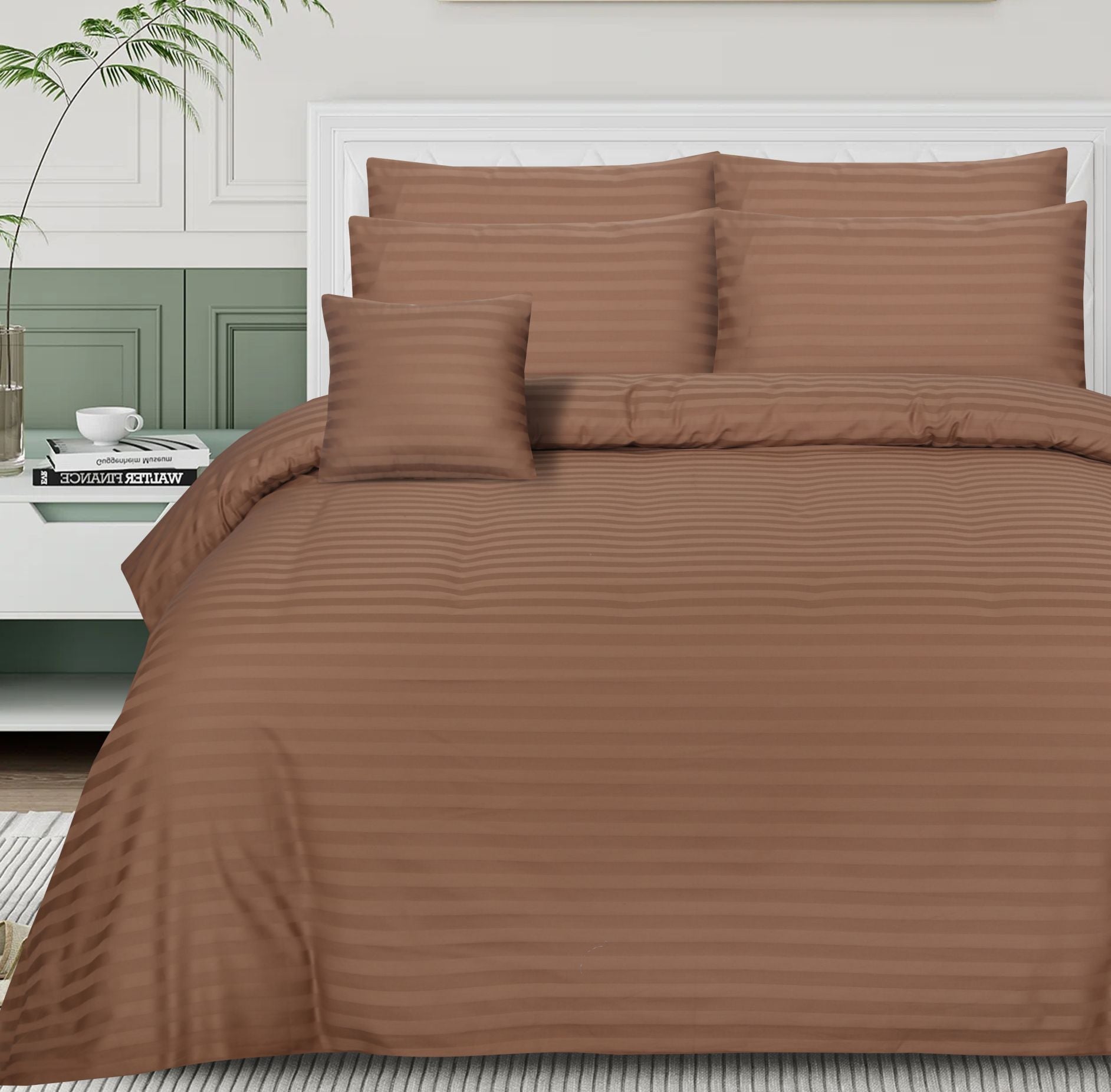 SMALL STRIPES BROWN BEDSHEET SET - 6 PCS (SATIN)