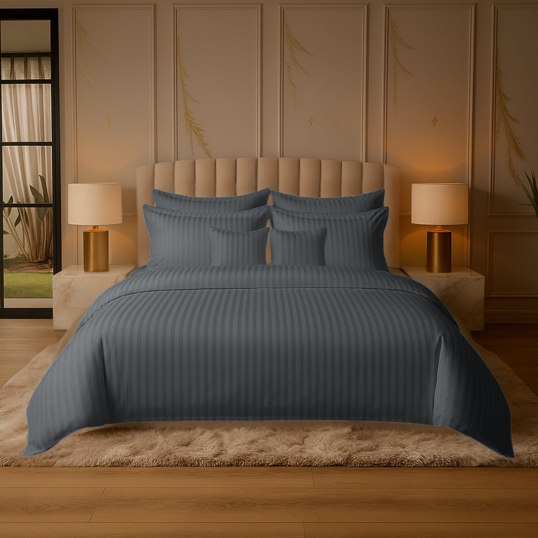 GREY SATIN STRIPE DUVET COVERS SET 8 PCS