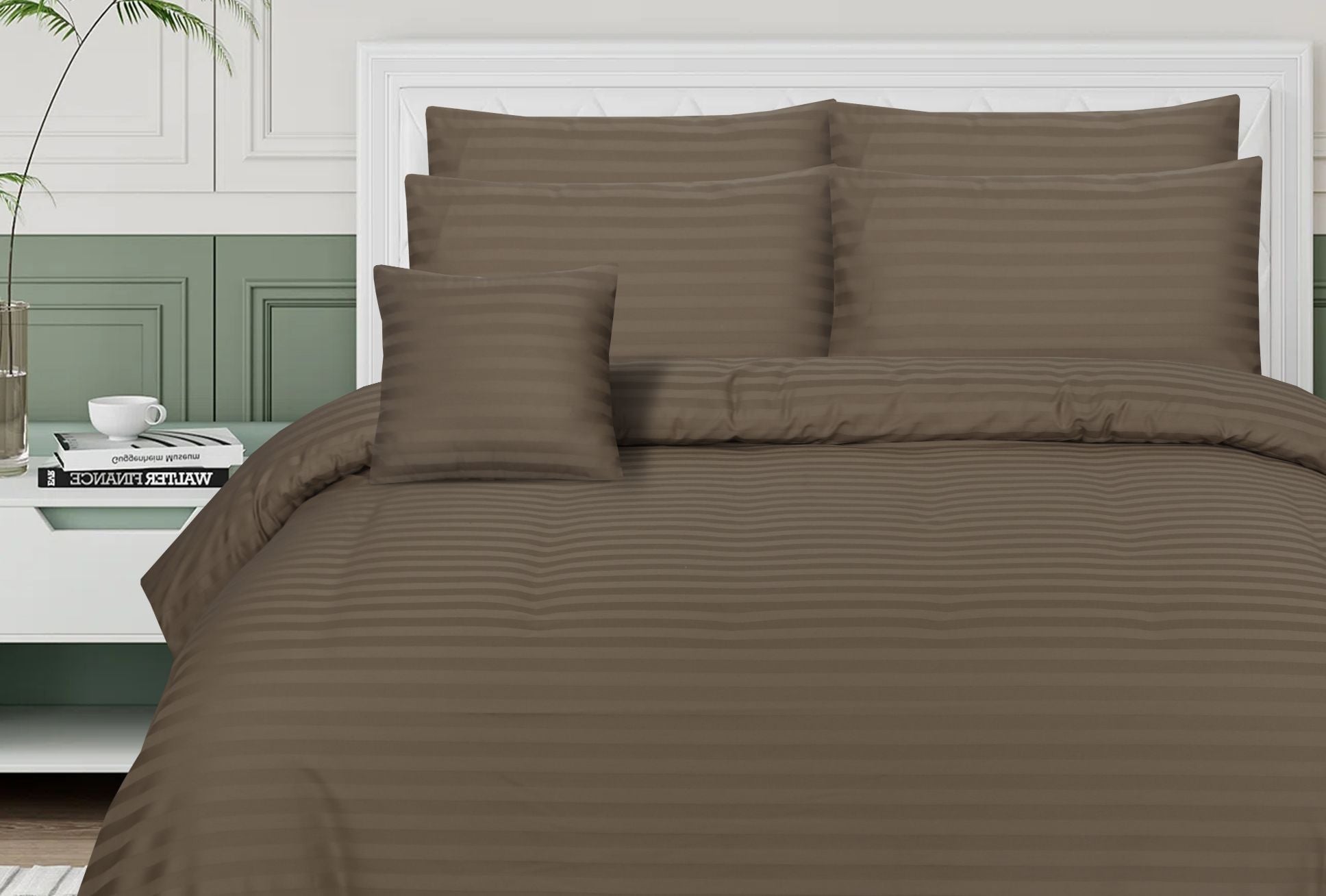 SMALL STRIPES D.BROWN BEDSHEET SET - 6 PCS (SATIN)