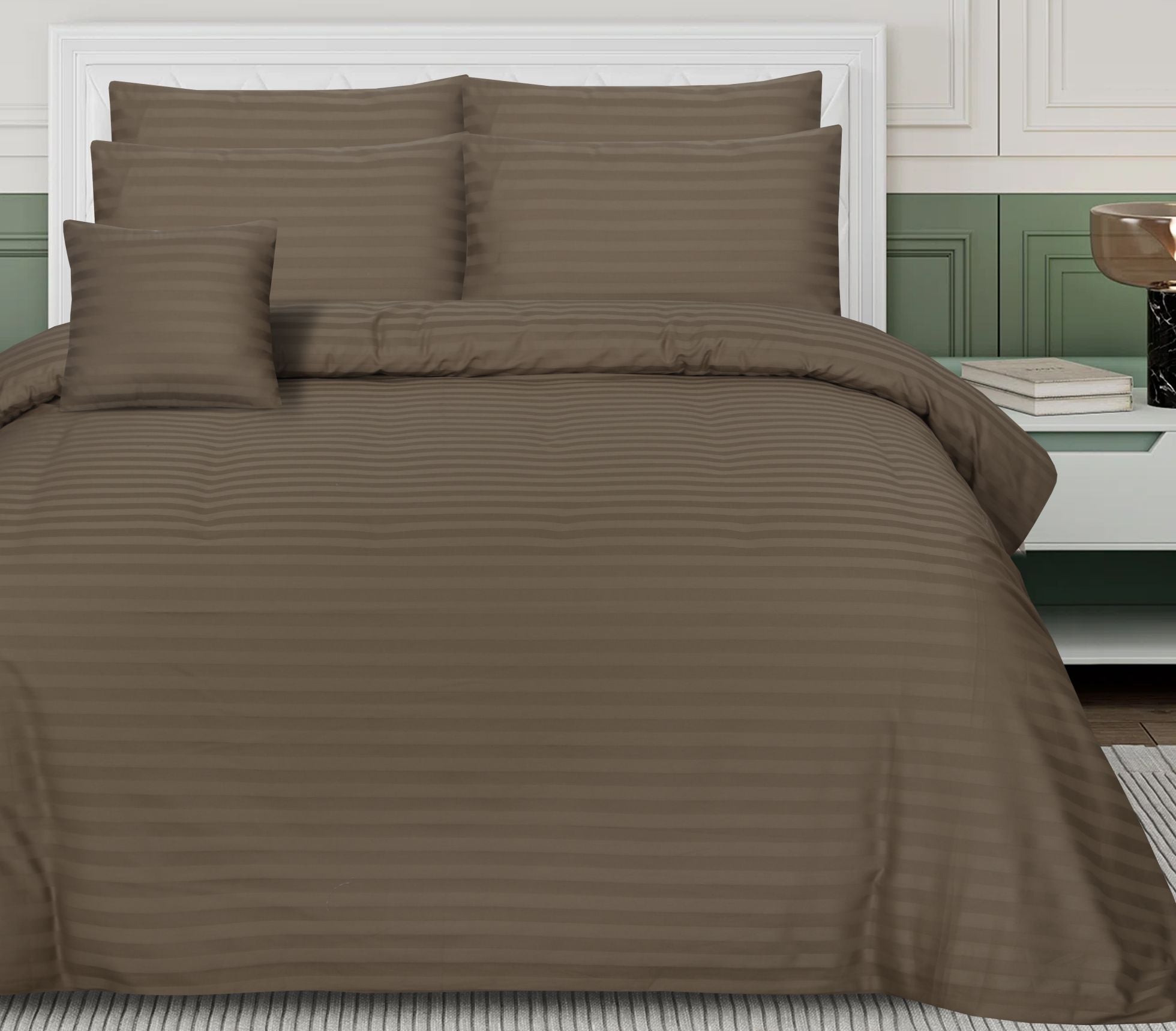 SMALL STRIPES D.BROWN BEDSHEET SET - 6 PCS (SATIN)