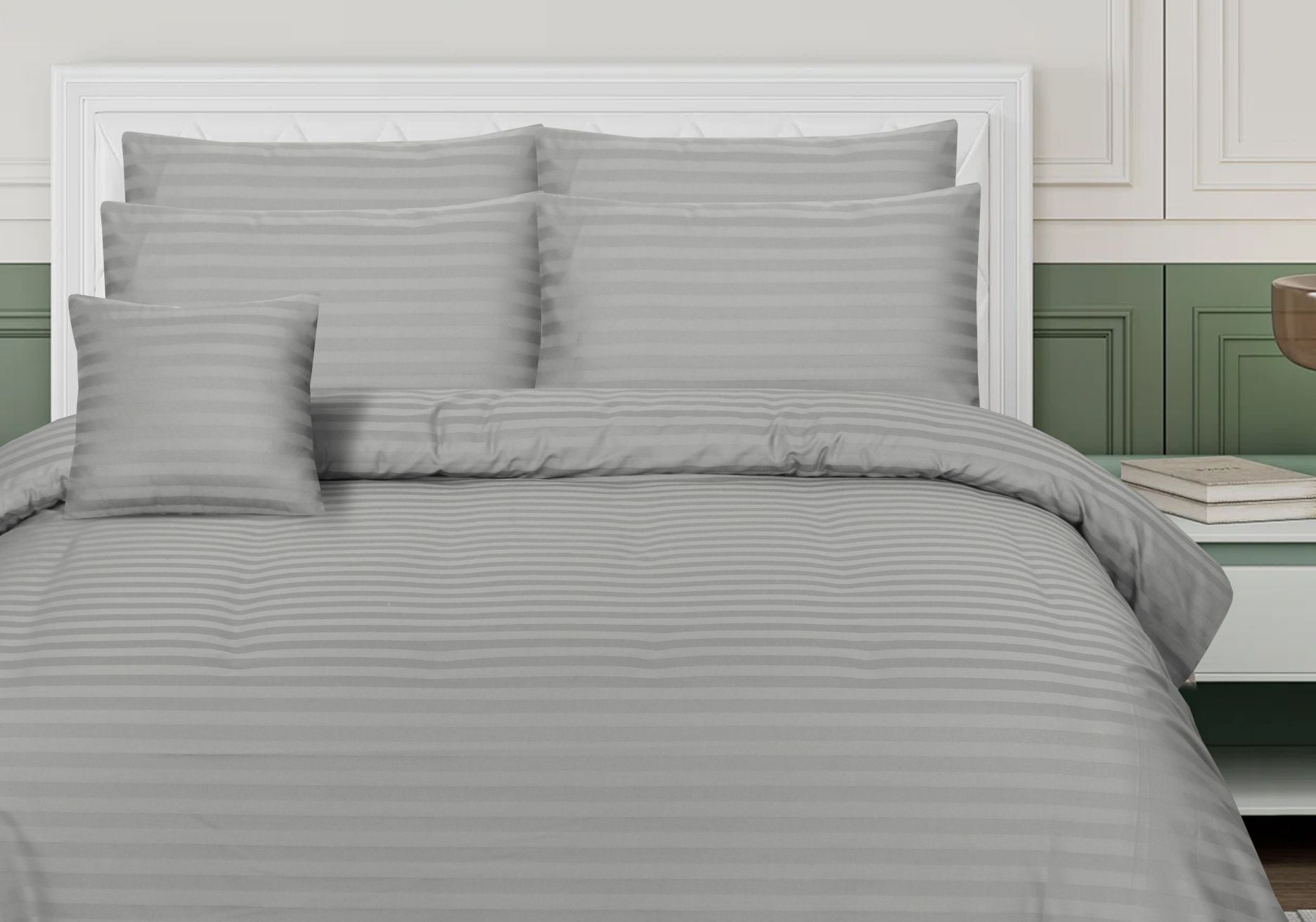 SMALL STRIPES GREY BEDSHEET SET - 6 PCS (SATIN)