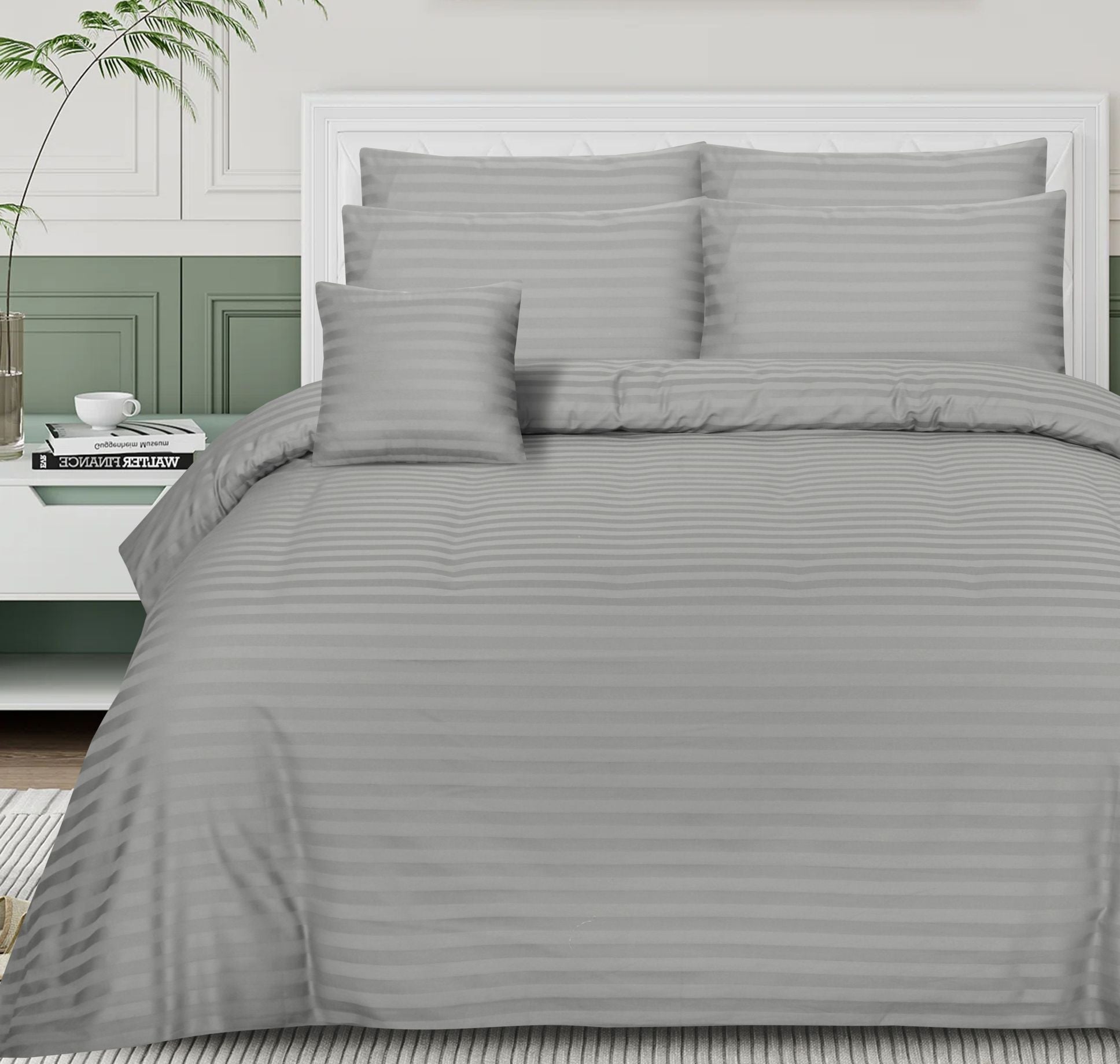 SMALL STRIPES GREY BEDSHEET SET - 6 PCS (SATIN)