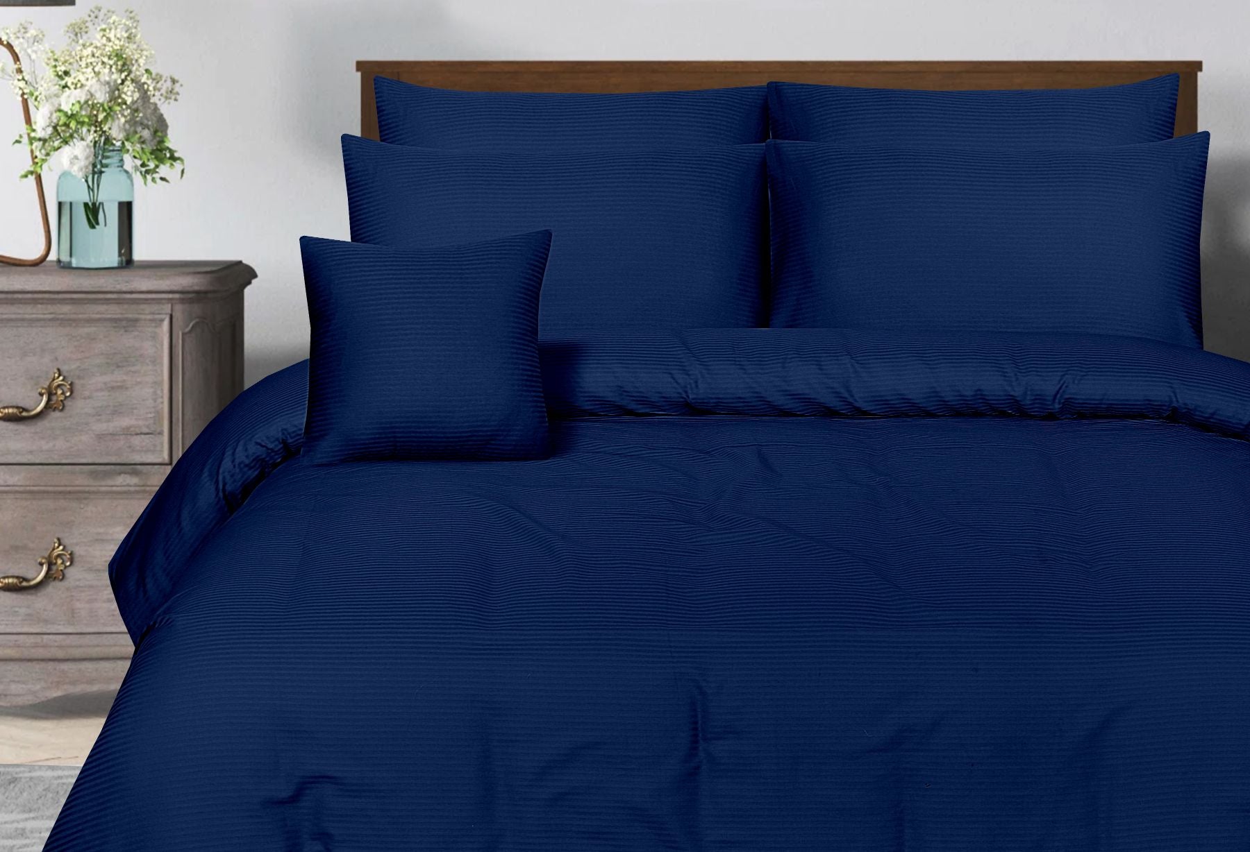 SMALL STRIPES ROYAL BLUE  BEDSHEET SET - 6 PCS (SATIN)