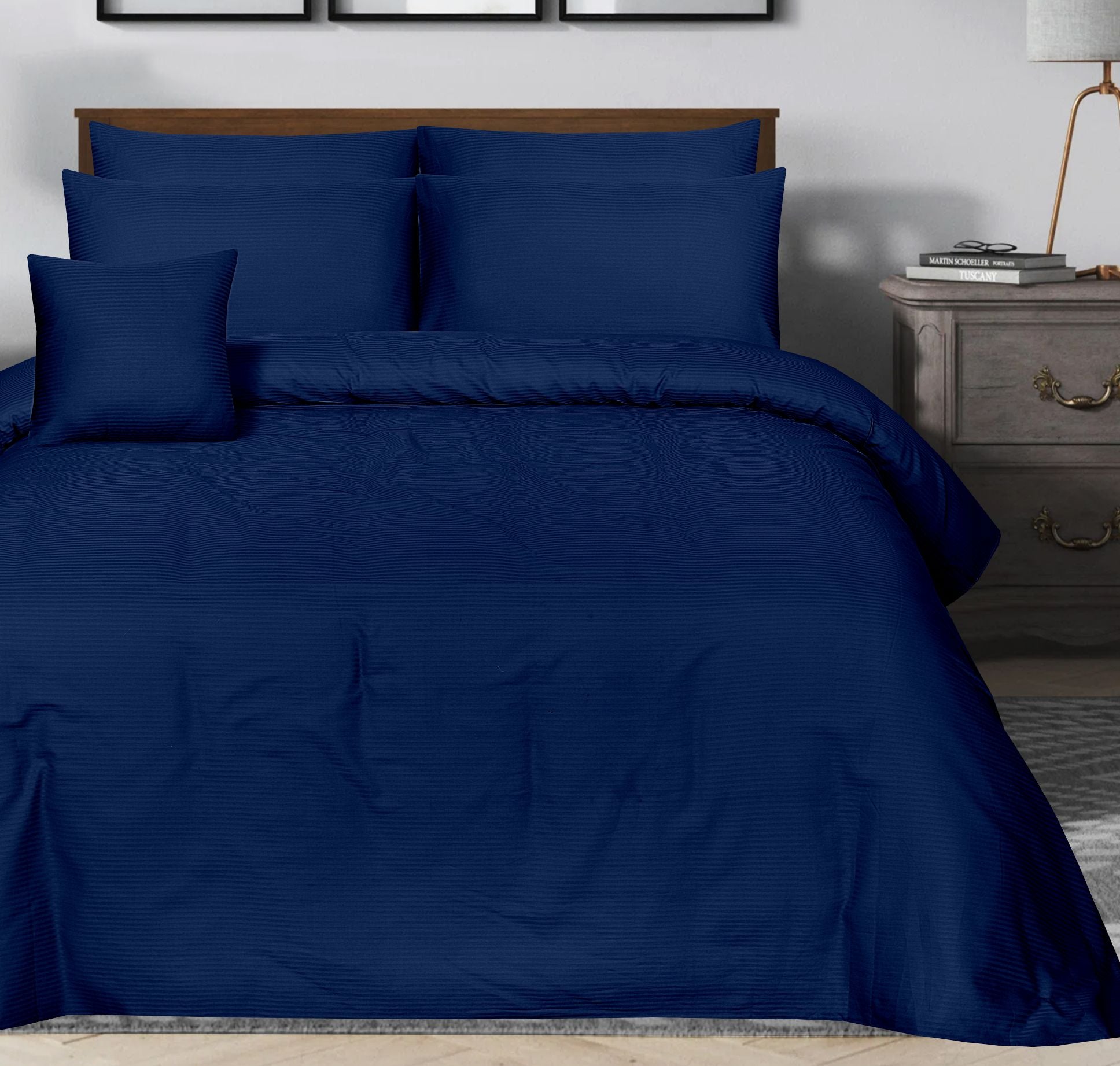 small stripes royal blue  bedsheet set - 6 pcs (satin)