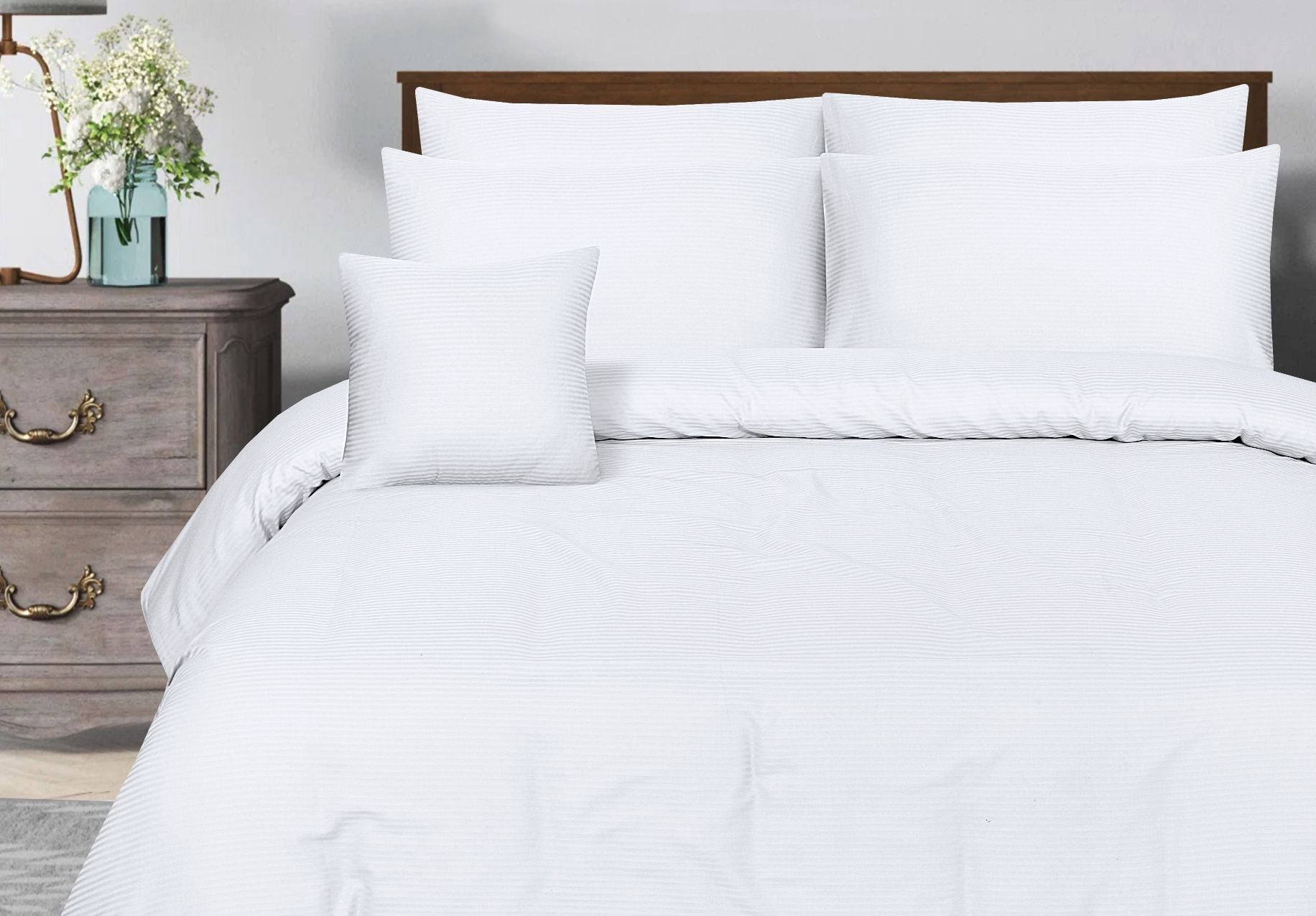 SMALL STRIPES WHITE BEDSHEET SET - 6 PCS (SATIN)