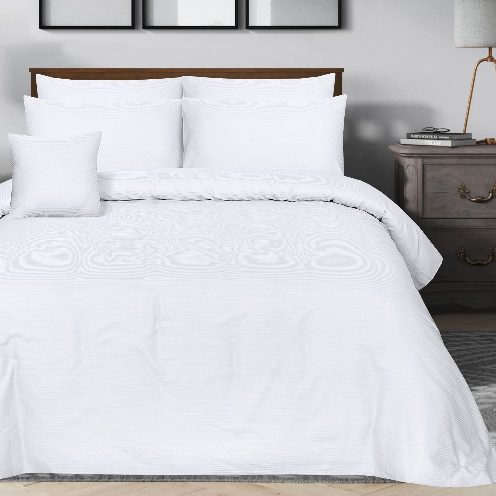 SMALL STRIPES WHITE BEDSHEET SET - 6 PCS (SATIN)