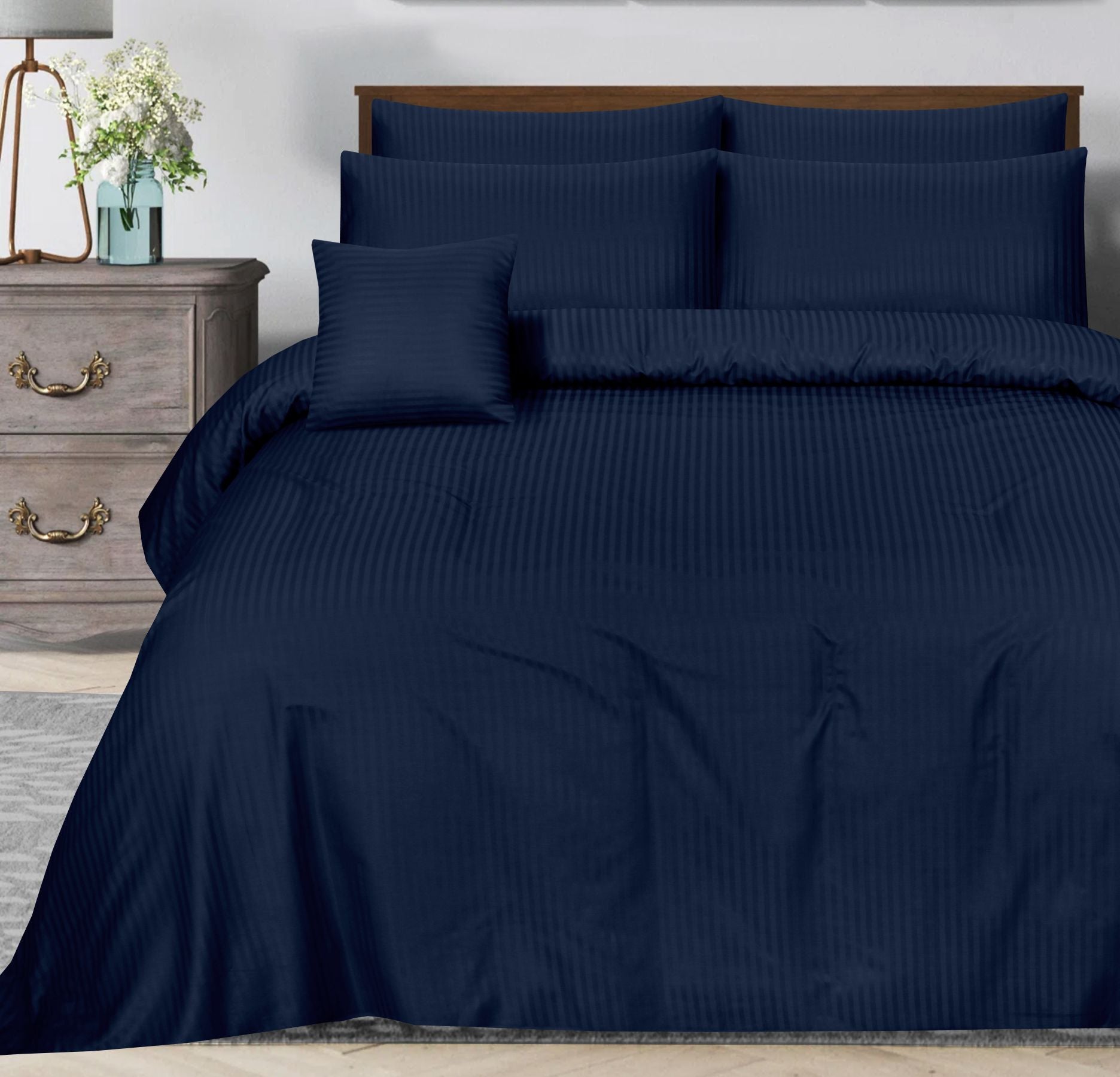 SMALL STRIPES NAVY BLUE  BEDSHEET SET - 6 PCS (SATIN)