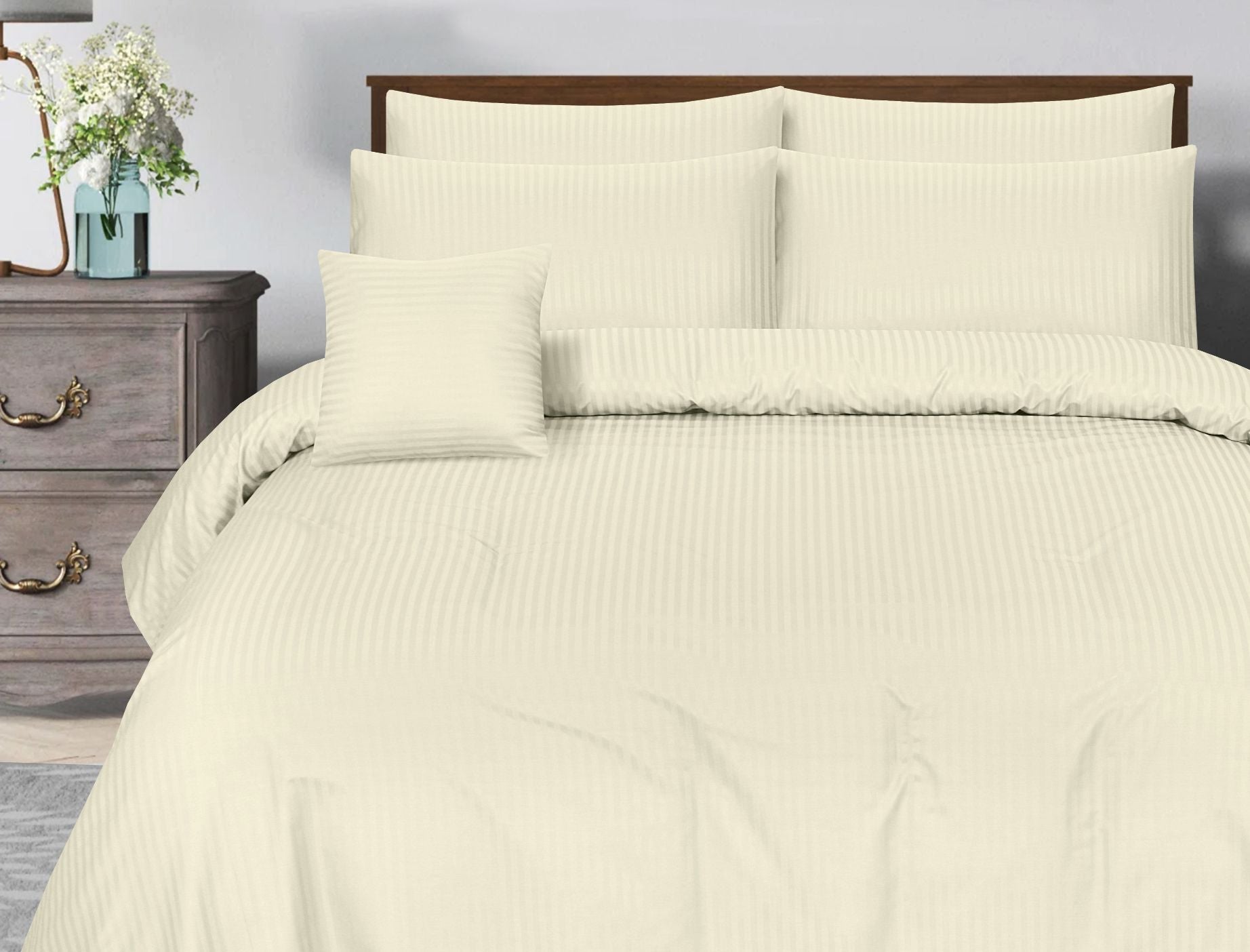 SMALL STRIPES OFFWHITE BEDSHEET SET - 6 PCS (SATIN)