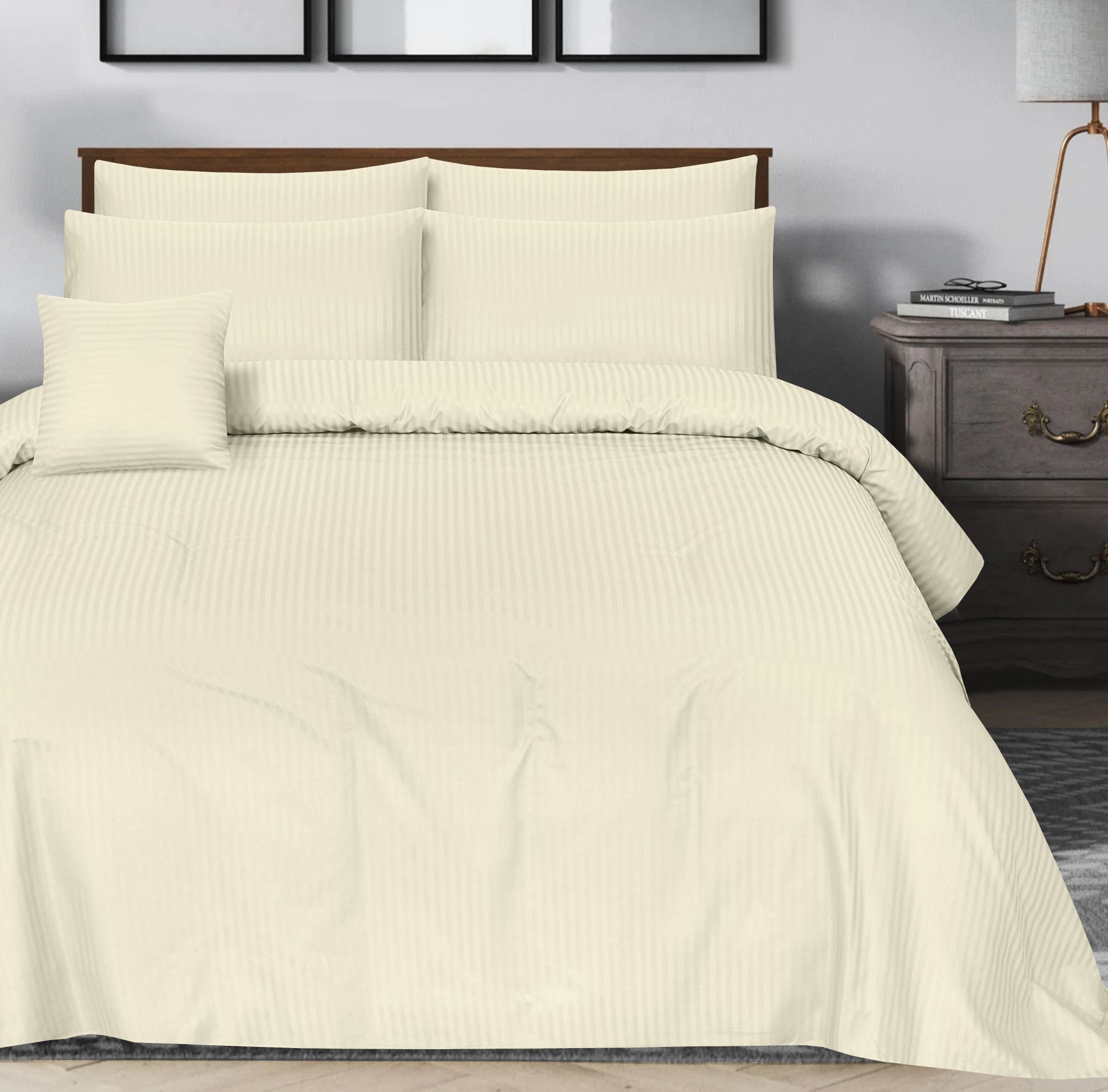 SMALL STRIPES OFFWHITE BEDSHEET SET - 6 PCS (SATIN)