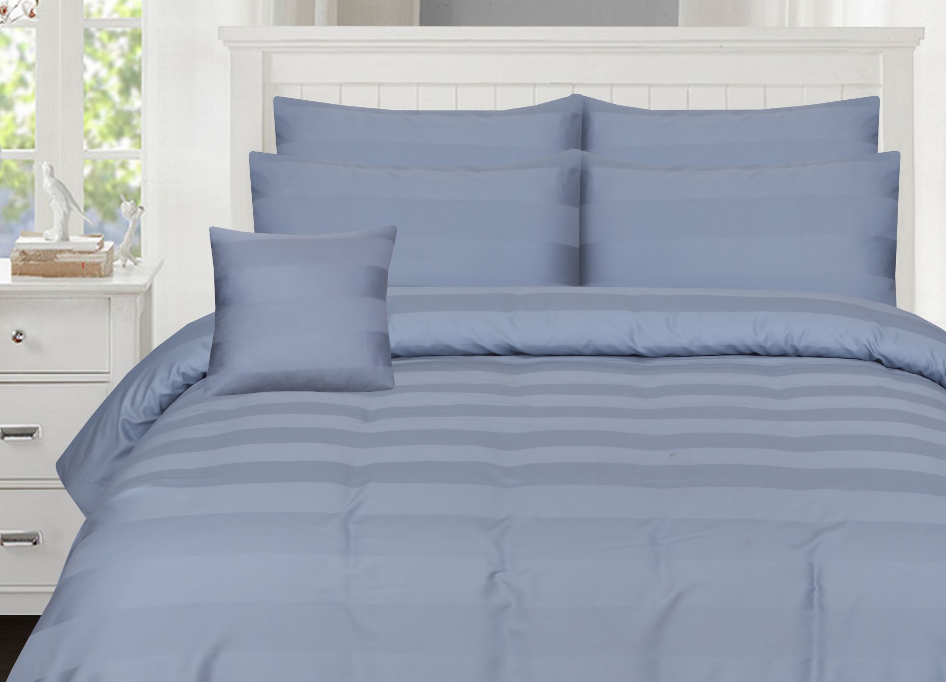 WIDE STRIPES SILVER  BEDSHEET SET - 6 PCS (SATIN)