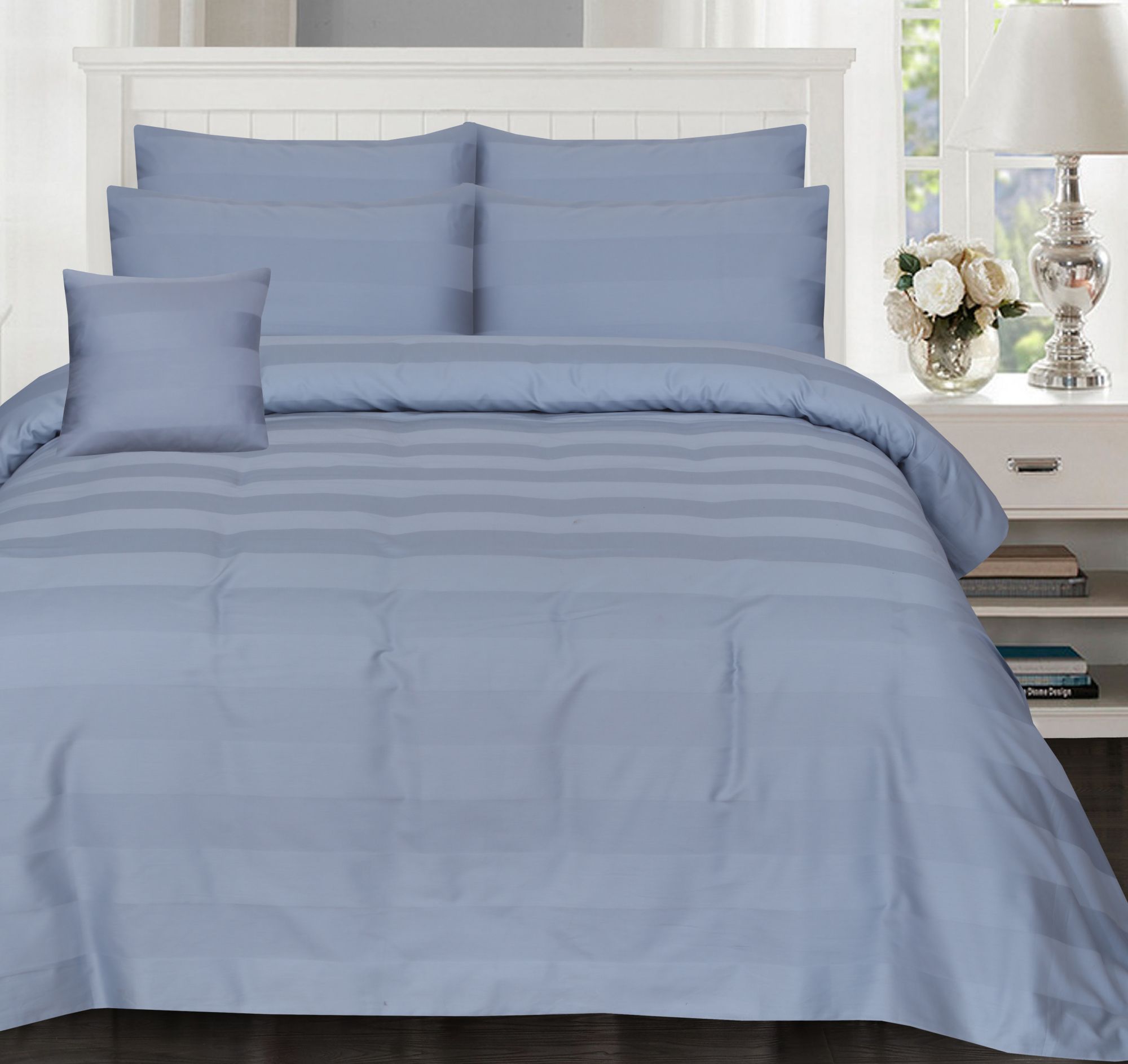 WIDE STRIPES SILVER  BEDSHEET SET - 6 PCS (SATIN)