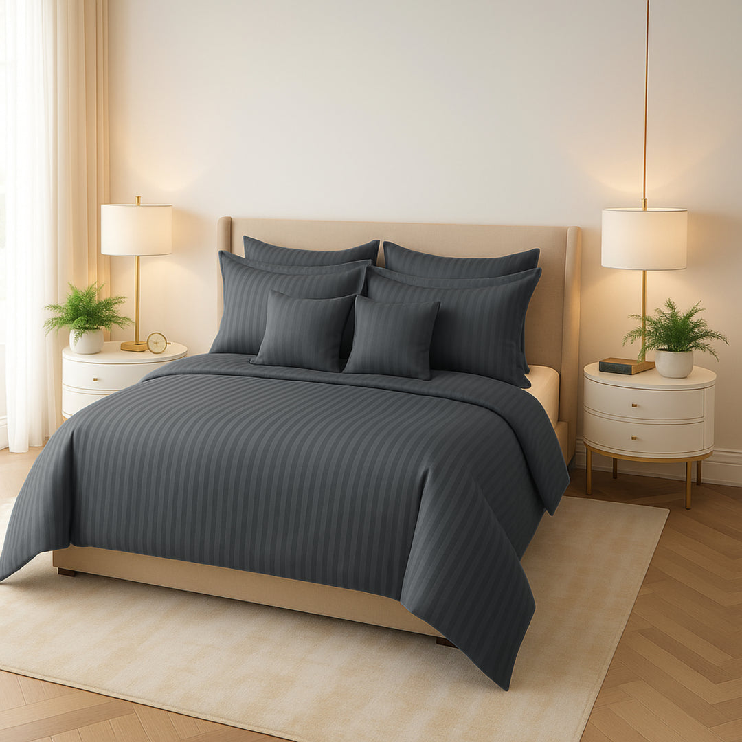 GREY SATIN STRIPE DUVET COVERS SET 8 PCS