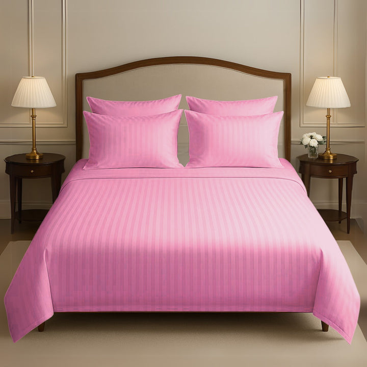 PINK SATIN STRIPE BEDSHEET SET - 5 PCS