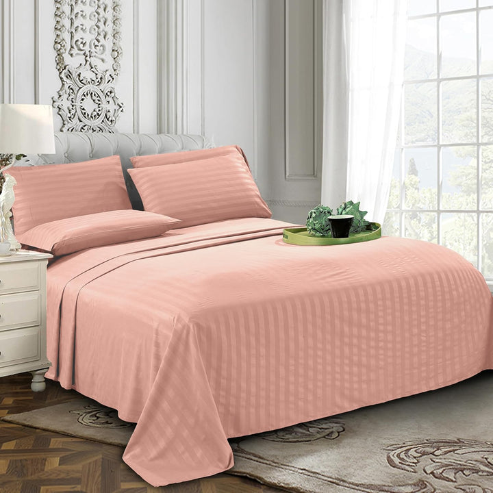 PINK SATIN STRIPE BEDSHEET SET - 5 PCS