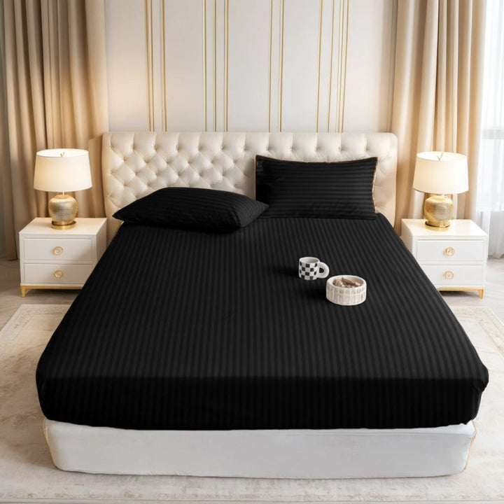 BLACK stripe satin fitted bedsheet - (premium)